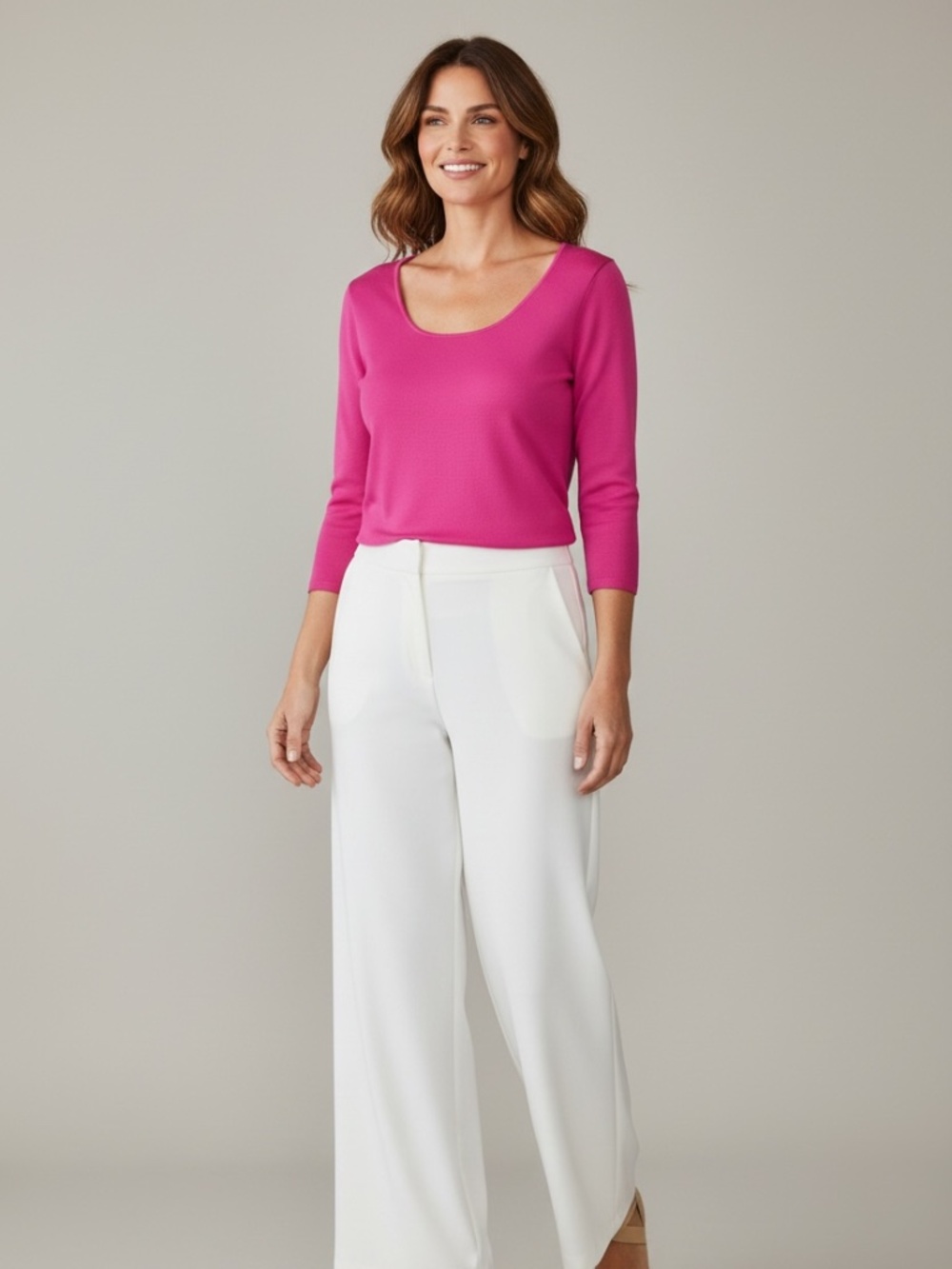 4/$20 Venini Pink Ribbed Knit Scoop Neck Top 3/4 Sleeve Stretchy Size XL